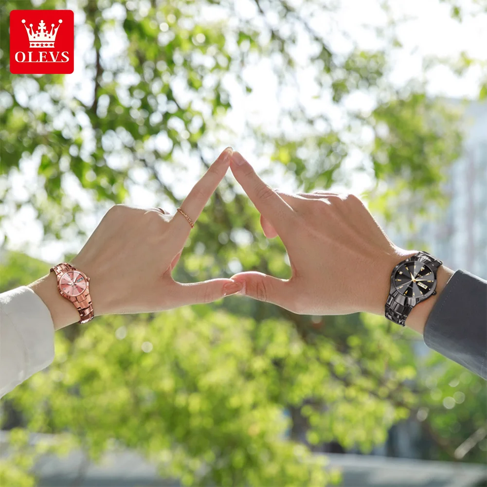 

Часы OLEVS 8697 для пар, кварцевые часы из вольфрамовой стали, водонепроницаемые, с подсветкой, указателем дня недели и даты, подарочная коробка для парных часов.