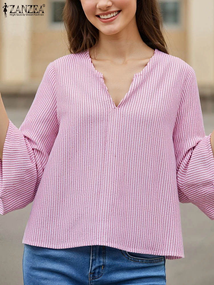 

Stylish Stripe Blouse ZANZEA Autumn Summer Shirt Women V Neck 3/4 Sleeve Tops Casual Loose Blusas Female OL Work Shirts Oversize
