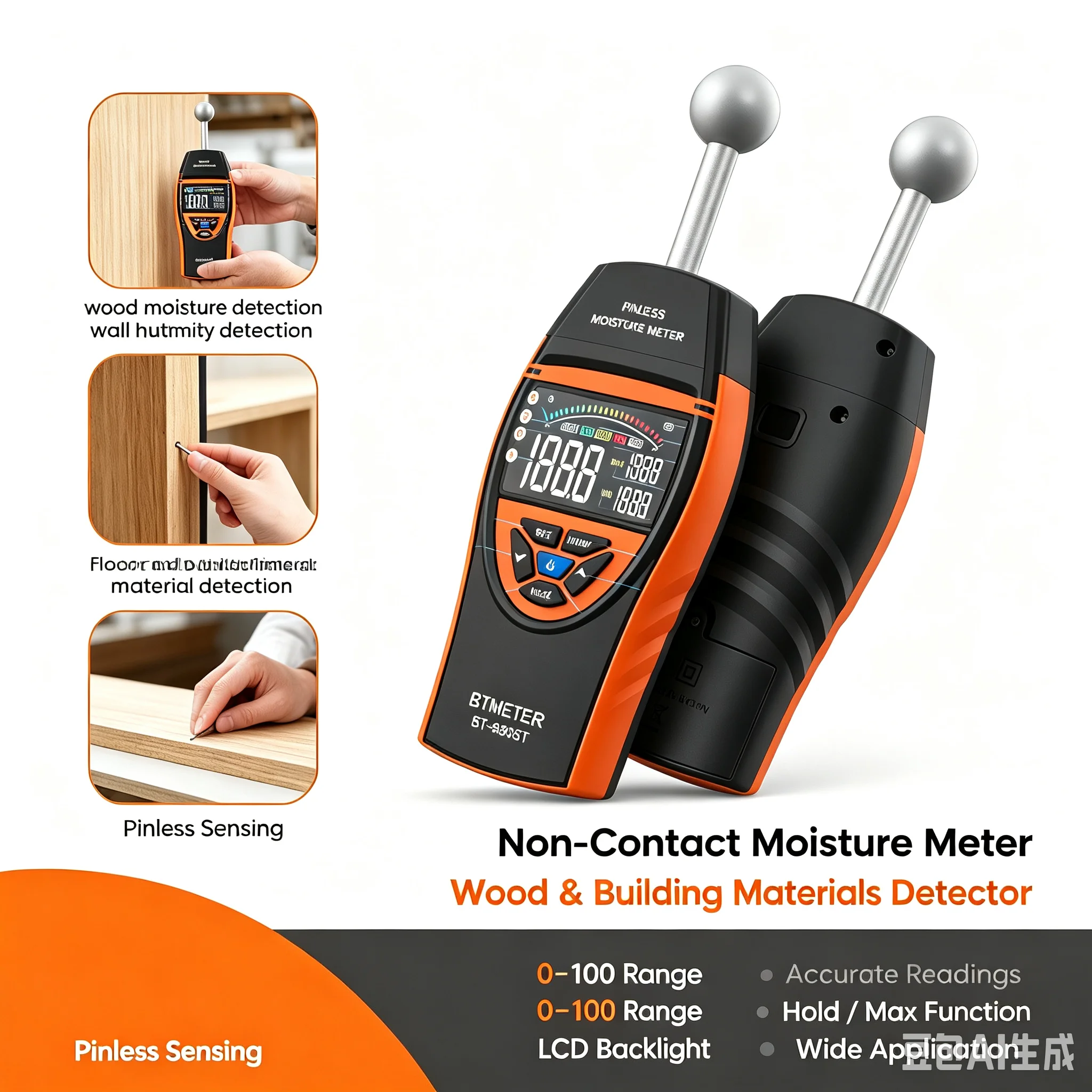 Pinless Wood Moisture Meter NonDestructive Spherical Sensor Digital Humidity Tester for Concrete Wall Flooring Building Material