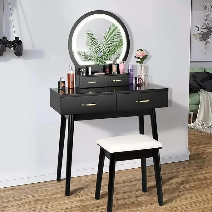 Vanity Desk with Lighted Mirror - 3 Color Lighting Modes Adjustable Brightness, 4 Drawers Makeup Table with Soft Cushioned Stool