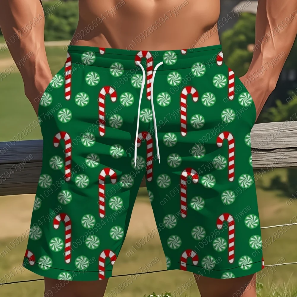 

Merry Christmas Men's Shorts Christmas candy cane holly Trunks Drawstring Elastic Quick Dry Hawaiian Beach Shorts men's clothing