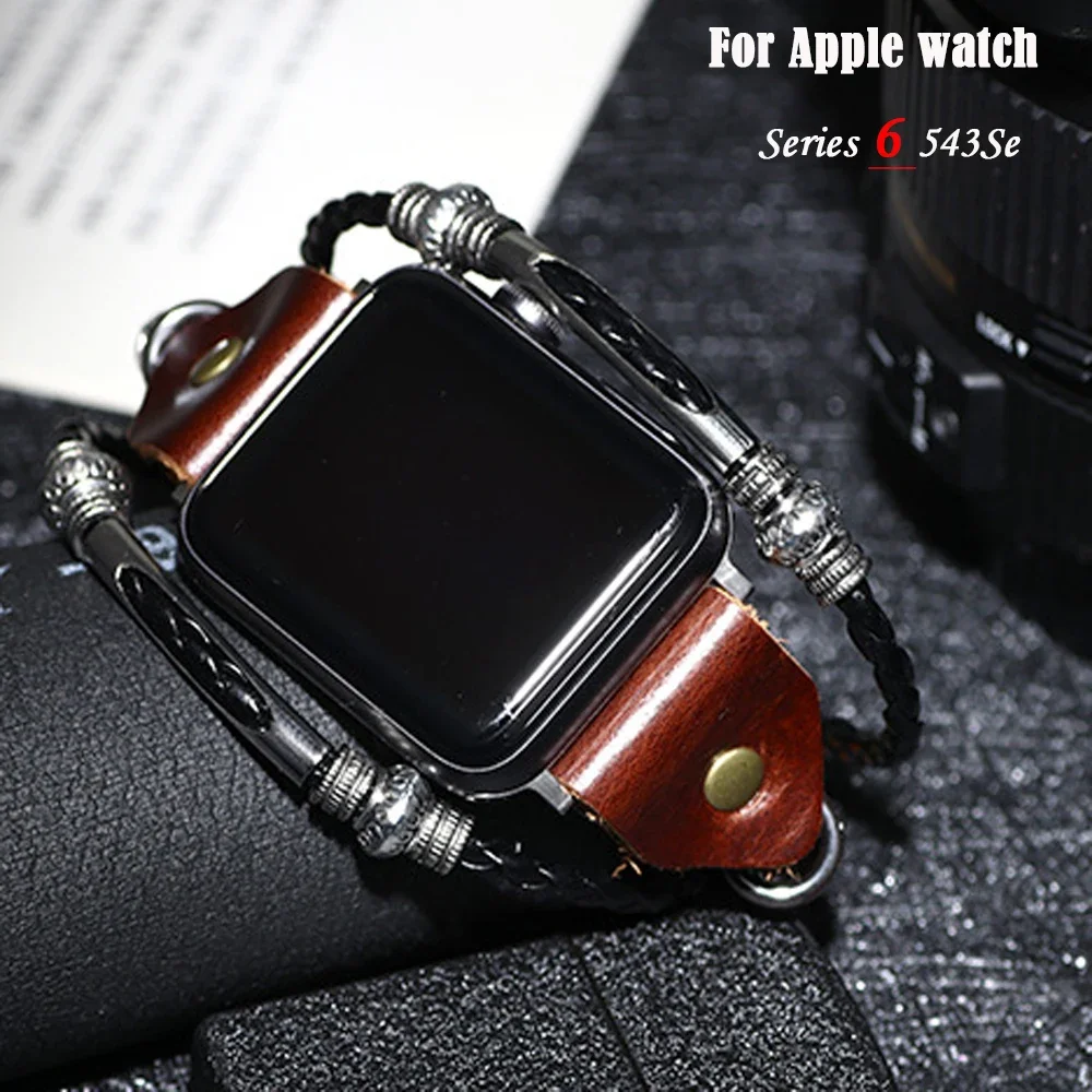 Apple Watch 밴드 용 가죽 스트랩 44mm 46mm 40mm 42mm 레트로 수제 소 가죽 correa iWatch 시리즈 10 9 8 7 6 5 4 3 Se 41/45mm