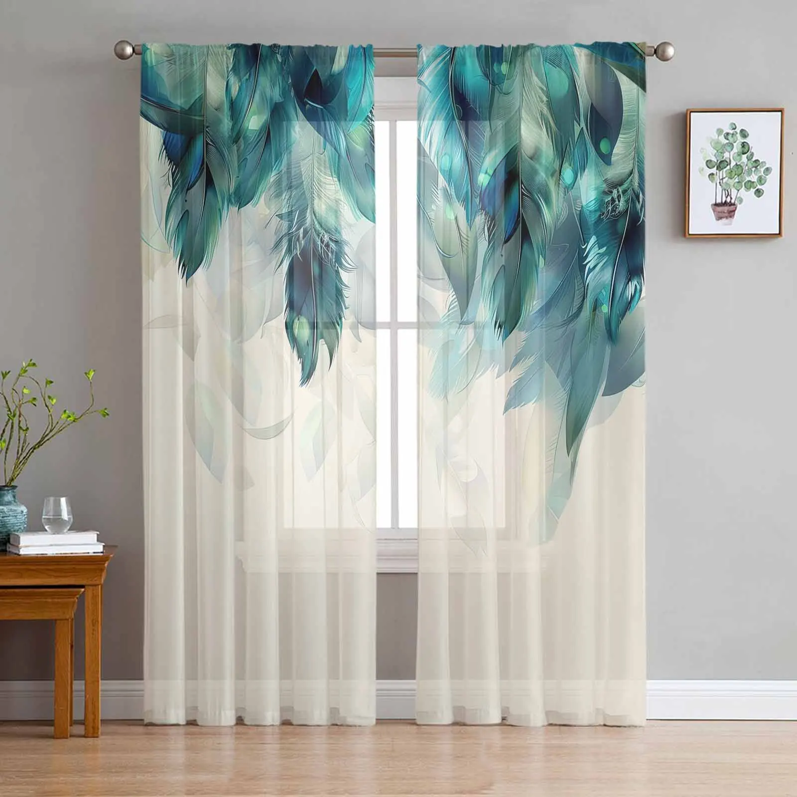 Peacock Feather Tulle Curtains for Living Room Bedroom Sheer Voile Curtain Home Decor Kitchen Curtain