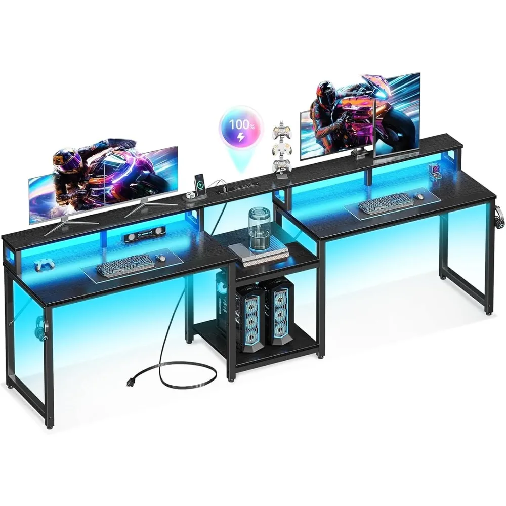 

98 inch 2-person gaming table with storage rack, long dual home office computer writing desk, with USB charging