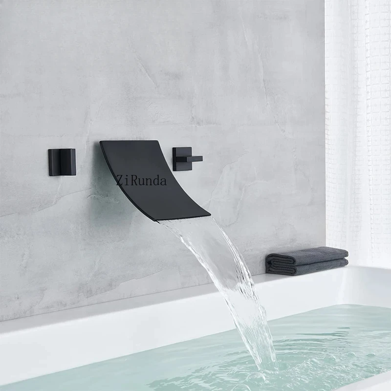 Wastafel, badkuipkraan, messing wandgemonteerde wastafelkraan, 3 watervalkranen, dubbele handgrepen