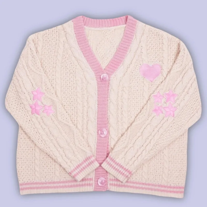 Trendy Women's Clothing Knitted Cardigan Embroidery Sweater Coat Lazy Streetwear Comfortable Single Row Buttons Patchwork Tops