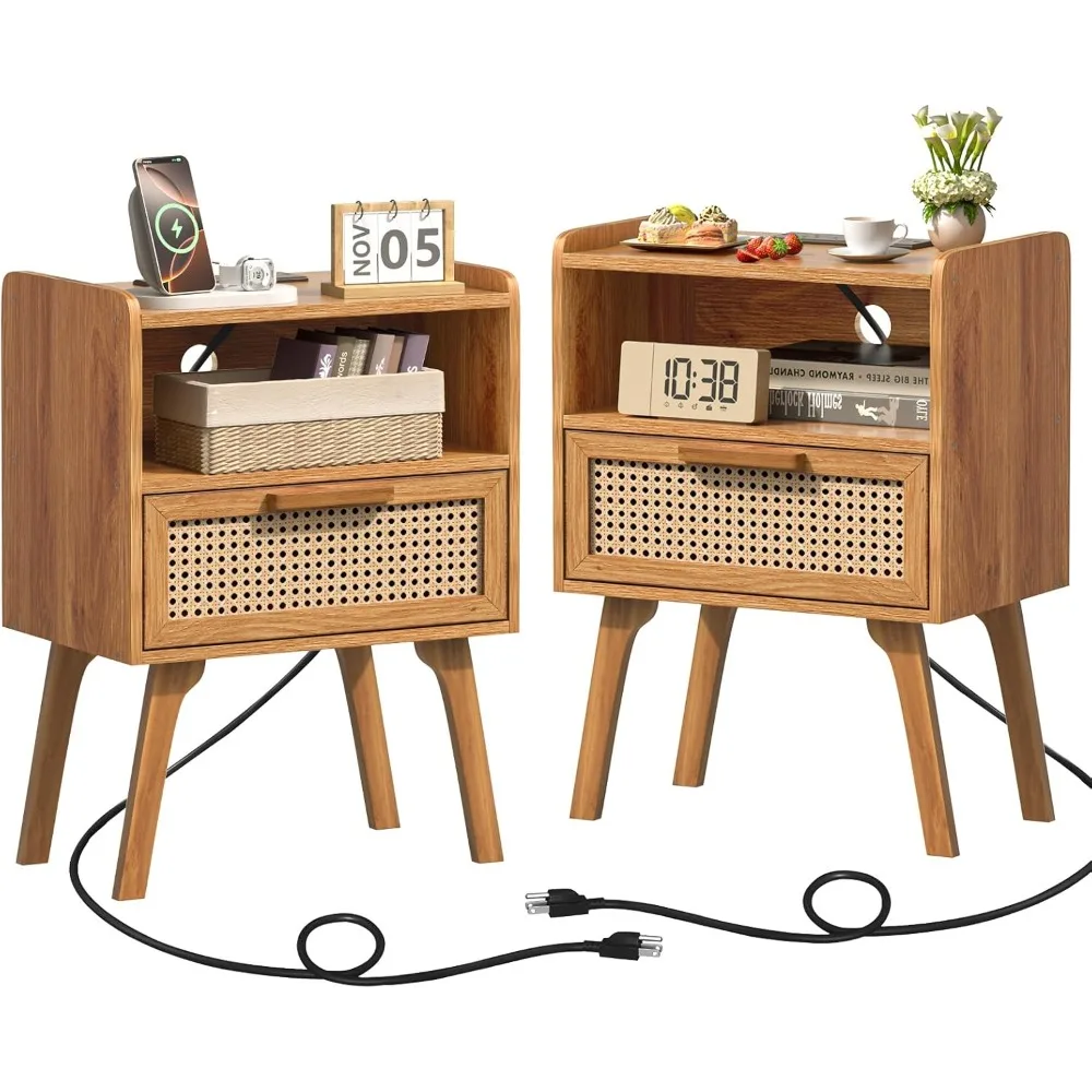 

Rattan Nightstands Set with Charging Station,Side Table with Drawer,Cane Accent Bedside End Table with Solid Wood , Customized
