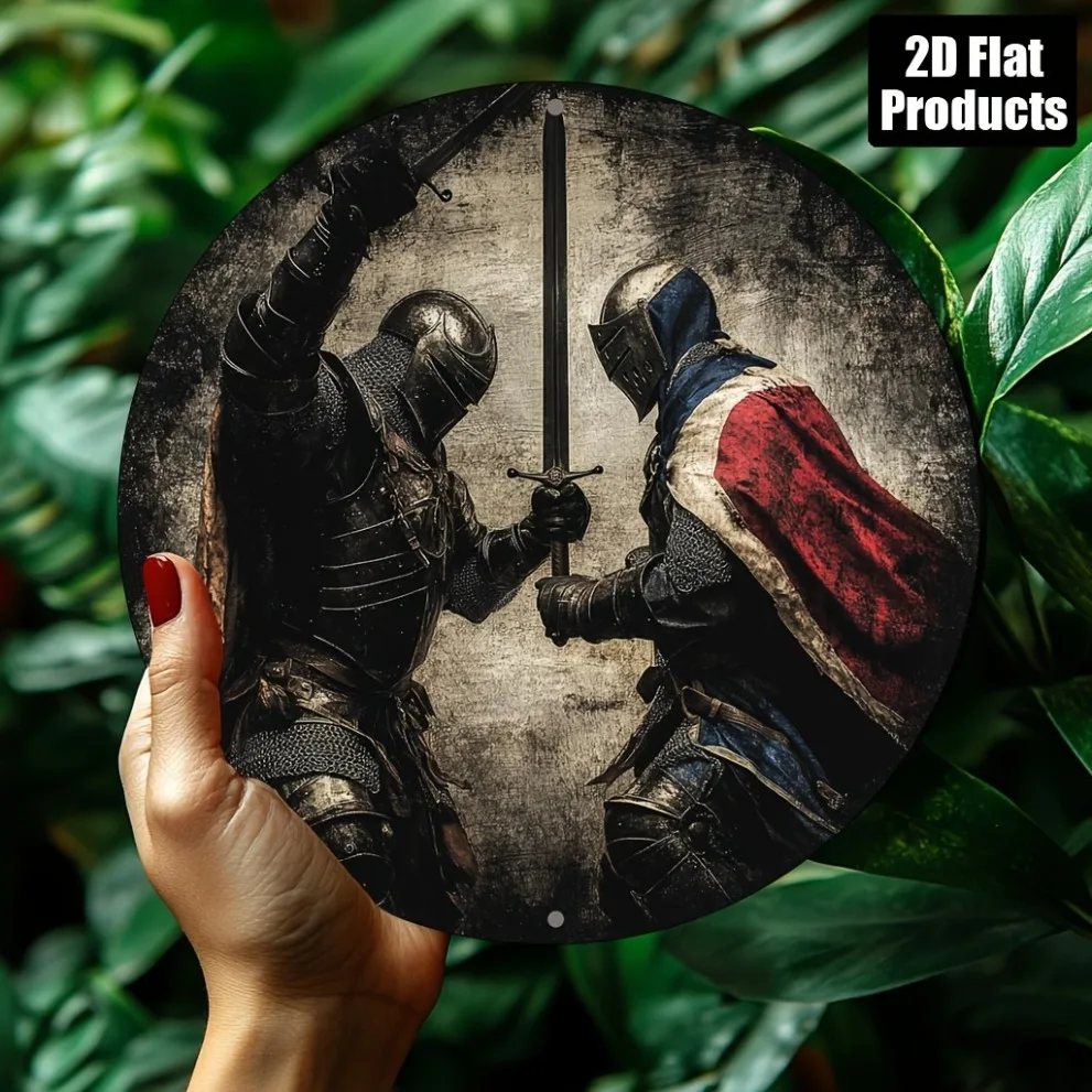 Medieval Dueling Knights Armor Sword Tin Sign - Vintage Durable Metal Plaque Wall Decor, Dark Medieval Retro Home Office Bar Man