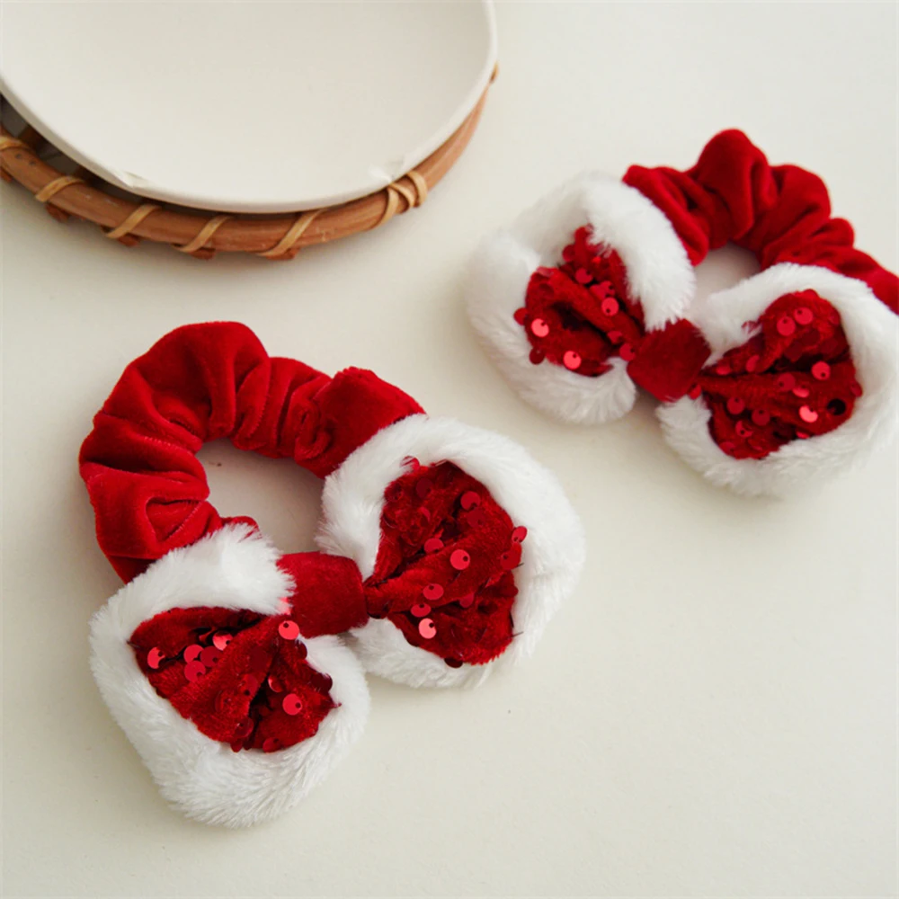 Bow Red Plush Scrunchies Sequin Christmas Style Hair Rope Ponytail Holder Hair Tie Xmas DIY Hair Bow Large Intestine Hair Ring