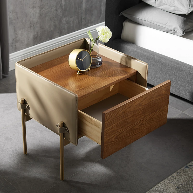 modern nightstand natural wood minimalist wooden leather bedside table with stainless steel leg