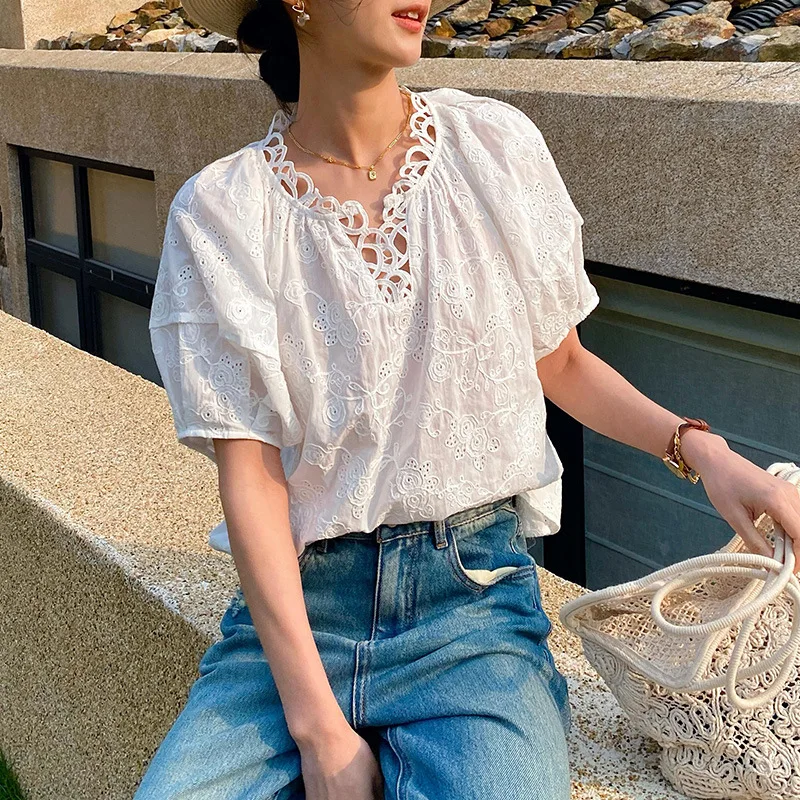 Eyelet Embroidery  Lace Hollow Blouse V Neck Casual Short Puff-sleeve Cotton Shirt 2024 Summer New in Woman Vacation Clothing