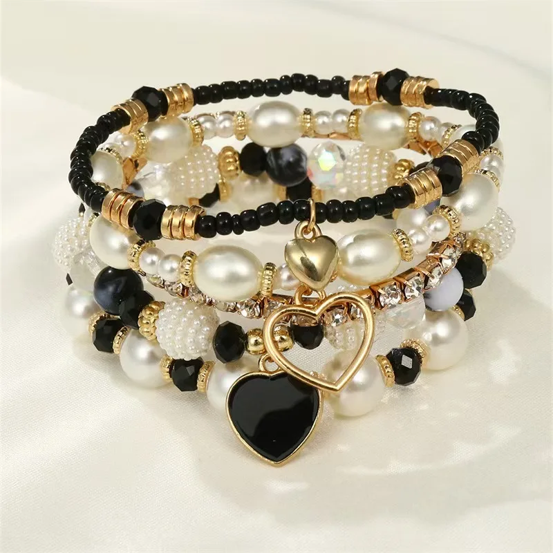 5Pcs Pearl Beaded Bracelets Stackable Love Heart Charm Women Boho Layered Black White Simulated Pearl Bracelet Set Jewelry Gift