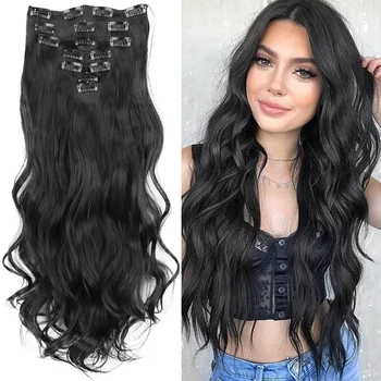 16 Clips 7 stks/set Hair Extensions Lang Golvend Kapsel Natuurlijke Synthetische Zwart Blonde Haarstukken Hittebestendig Voor Vrouwen
