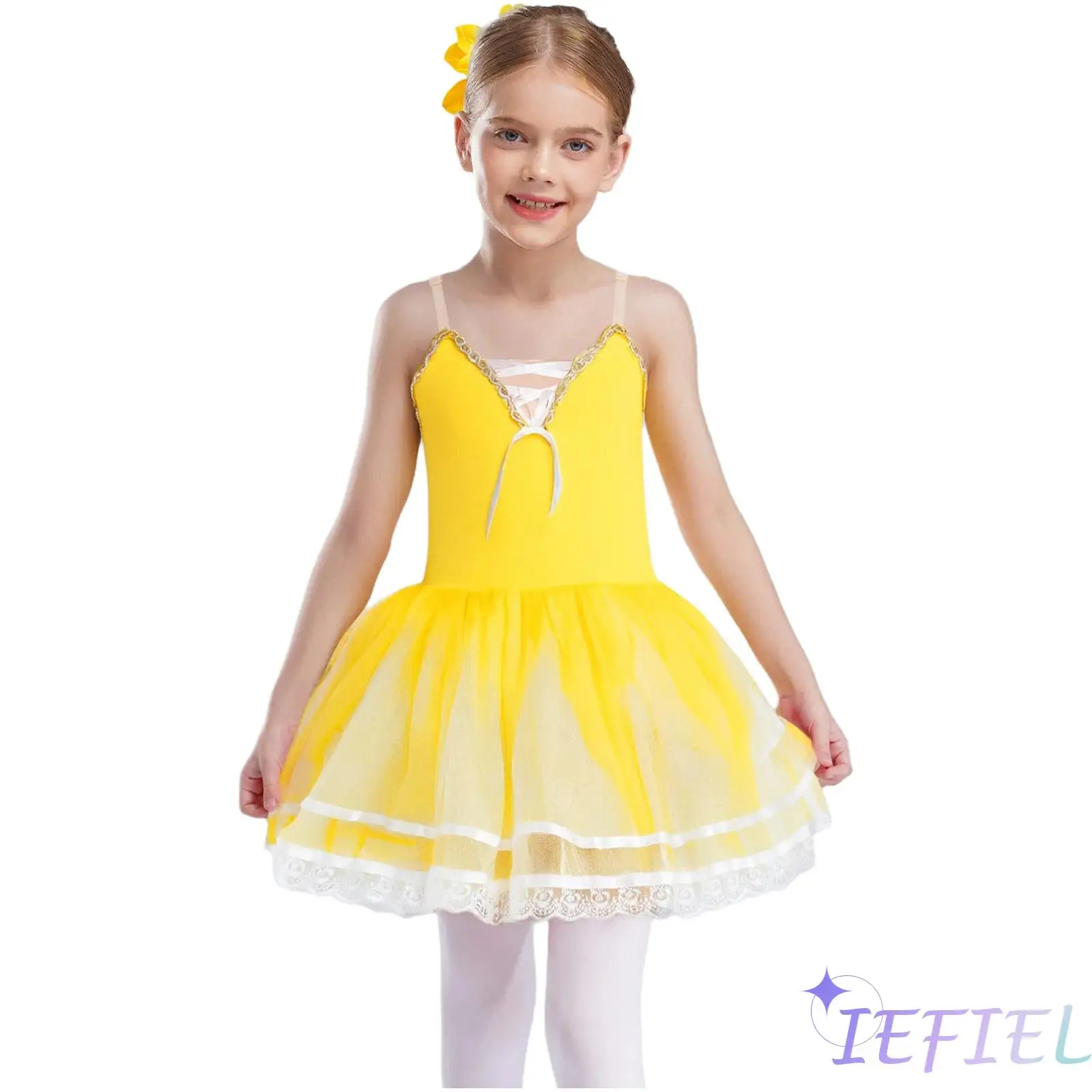 

2PCS Girls Ballet Dance Performance Costume Sleeveless Adjustable Straps Lace Trim Layered Tulle Tutu Dress with Headwear