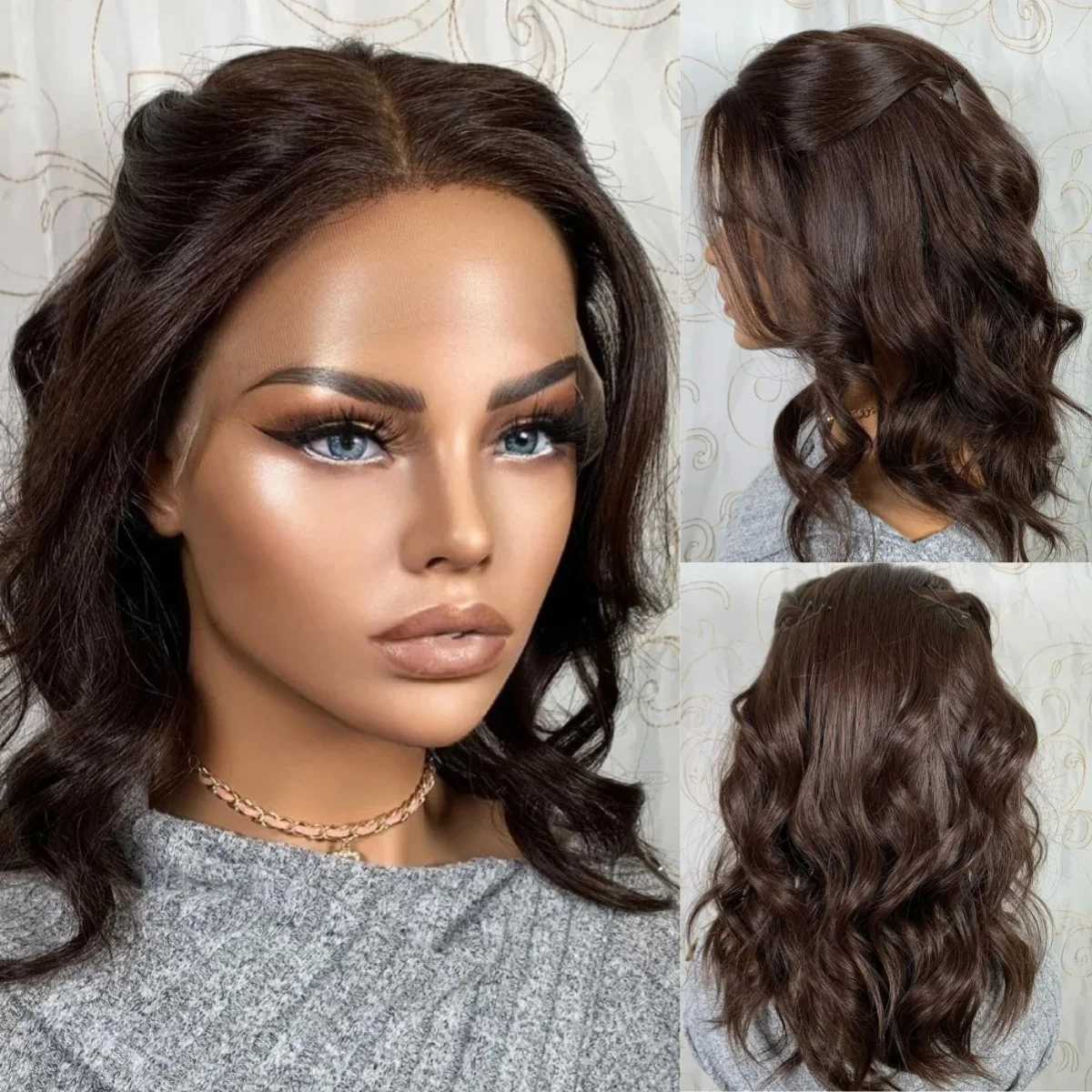 

Темно-коричневый короткий боб объемная волна парики 13X4 HD Короткий парик фронта шнурка для женщин Синтетический парик фронтальной части шнурка Предварительно выщипанный ежедневный косплей