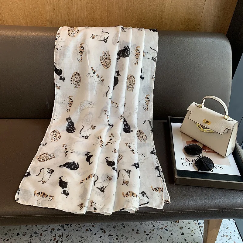2026 Autumn Winter Women Viscose Scarf Cute Animal Cat Print Soft Hijabs Shawls and Wraps Foulard Echarpe Muslim Sjaal 180*90Cm