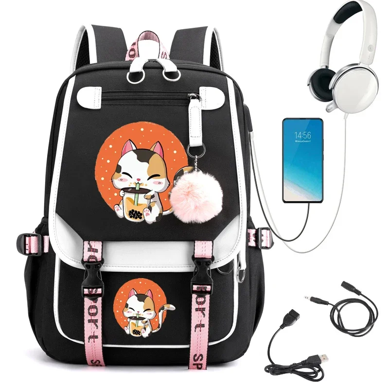 Kawaii Backpack Women Cat Boba Anime School Bags for Teenager Girls Bookbag Bubble Tea Cute Travel Backbag Usb Shoulder Bags