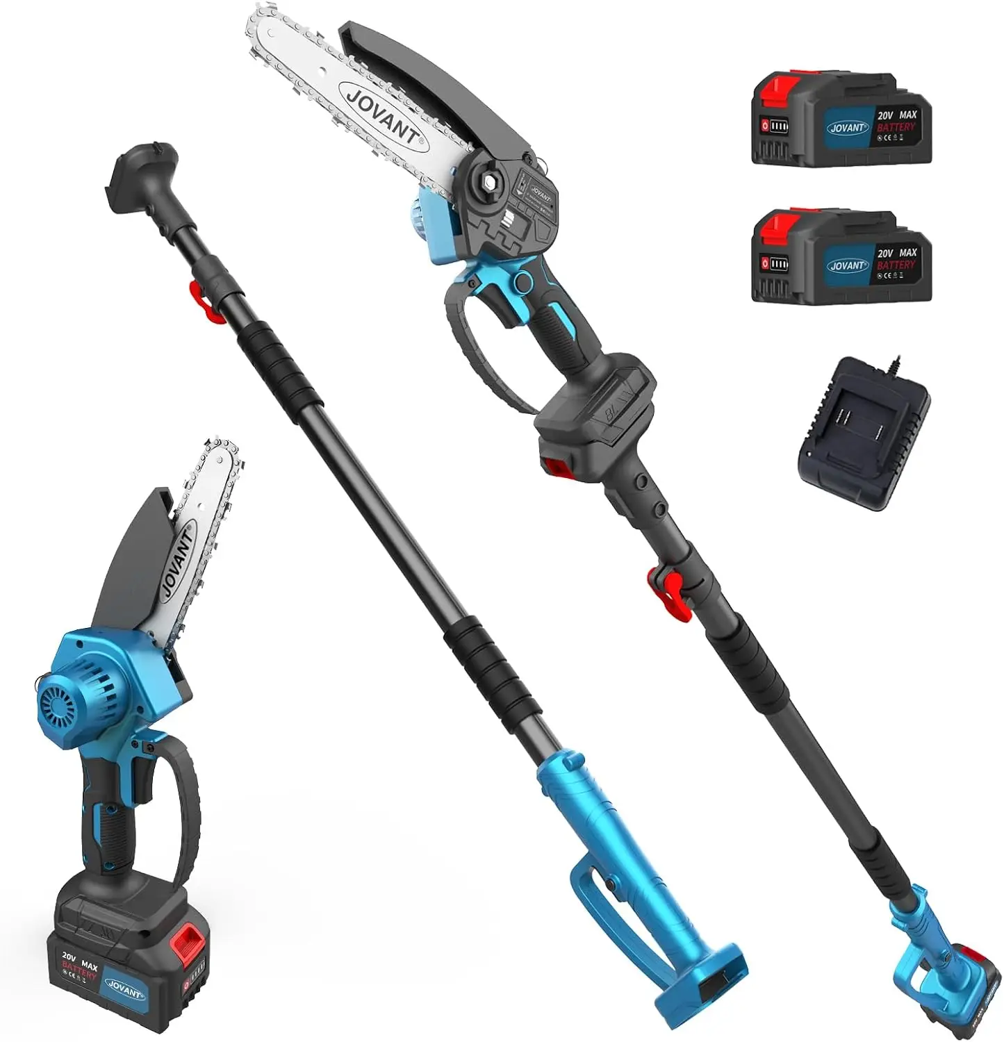 Cordless 2-in-1 Pole Saw and 6-Inch Mini Chainsaw Tree Trimmer, Lightweight Brushless Design with Two 20V 4Ah Batteries