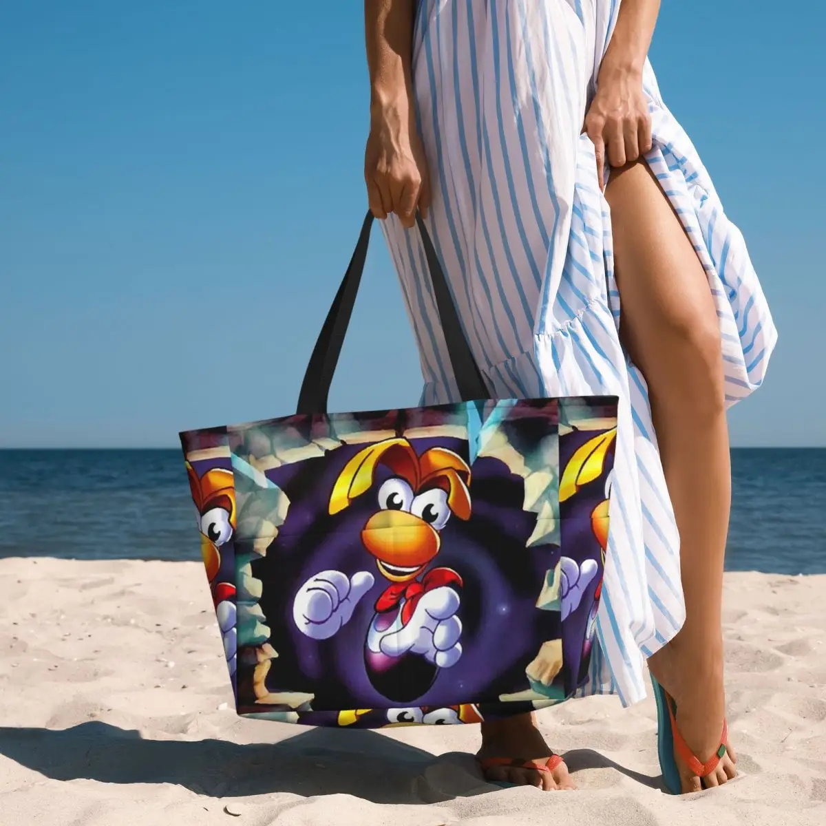 Black Vintage Retro Rayman Legends Graphic Beach Tote Bag Sport Gym Yoga Duffle Large Tote Bag Women Travel Bag Fitness bag