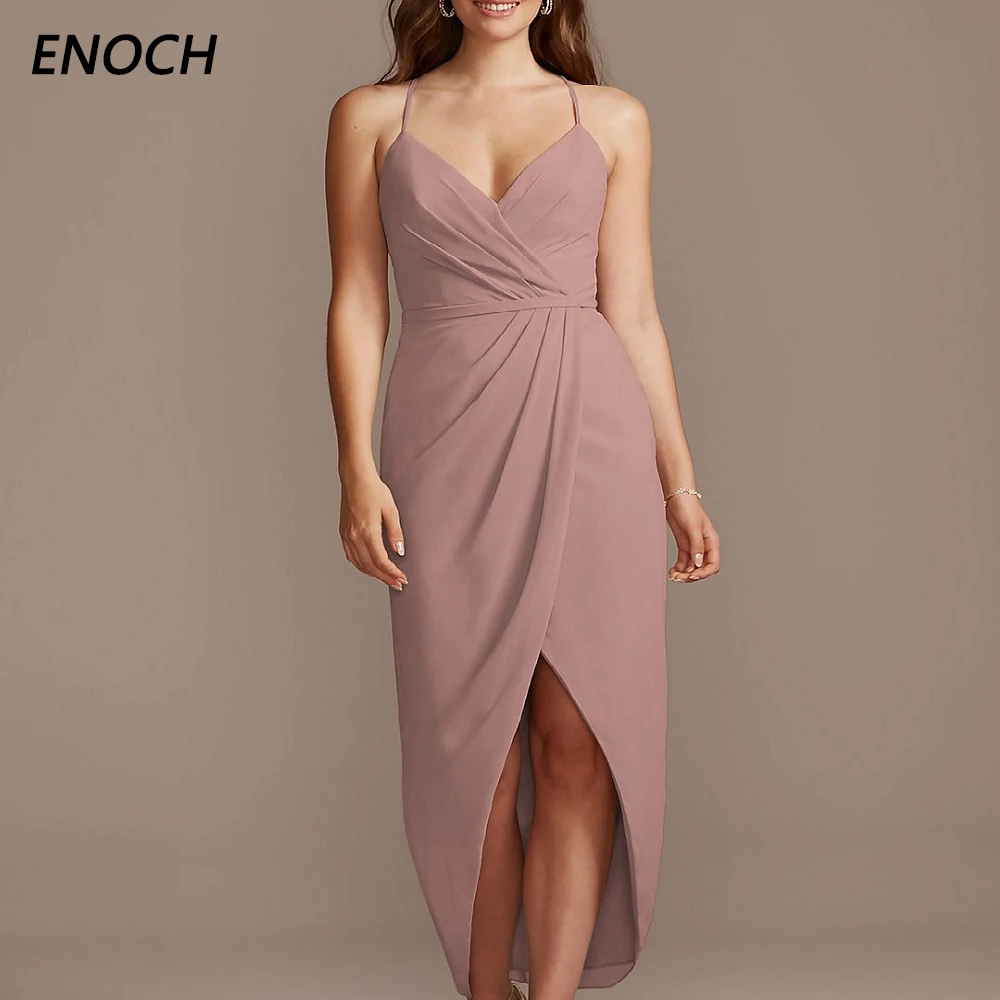 ENOCH Simple V-Neck Chiffon Bridesmaid Dresses Pleated Spaghetti Straps Sleeveless Backless Evening Gown Ankle Length Vestidos