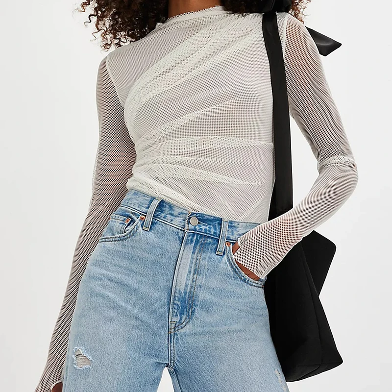 

Элегантный сетчатый лоскутный разноцветный комбинезон 2025 года, повседневные облегающие комбинезоны с длинными рукавами, женские сексуальные прозрачные плиссированные боди