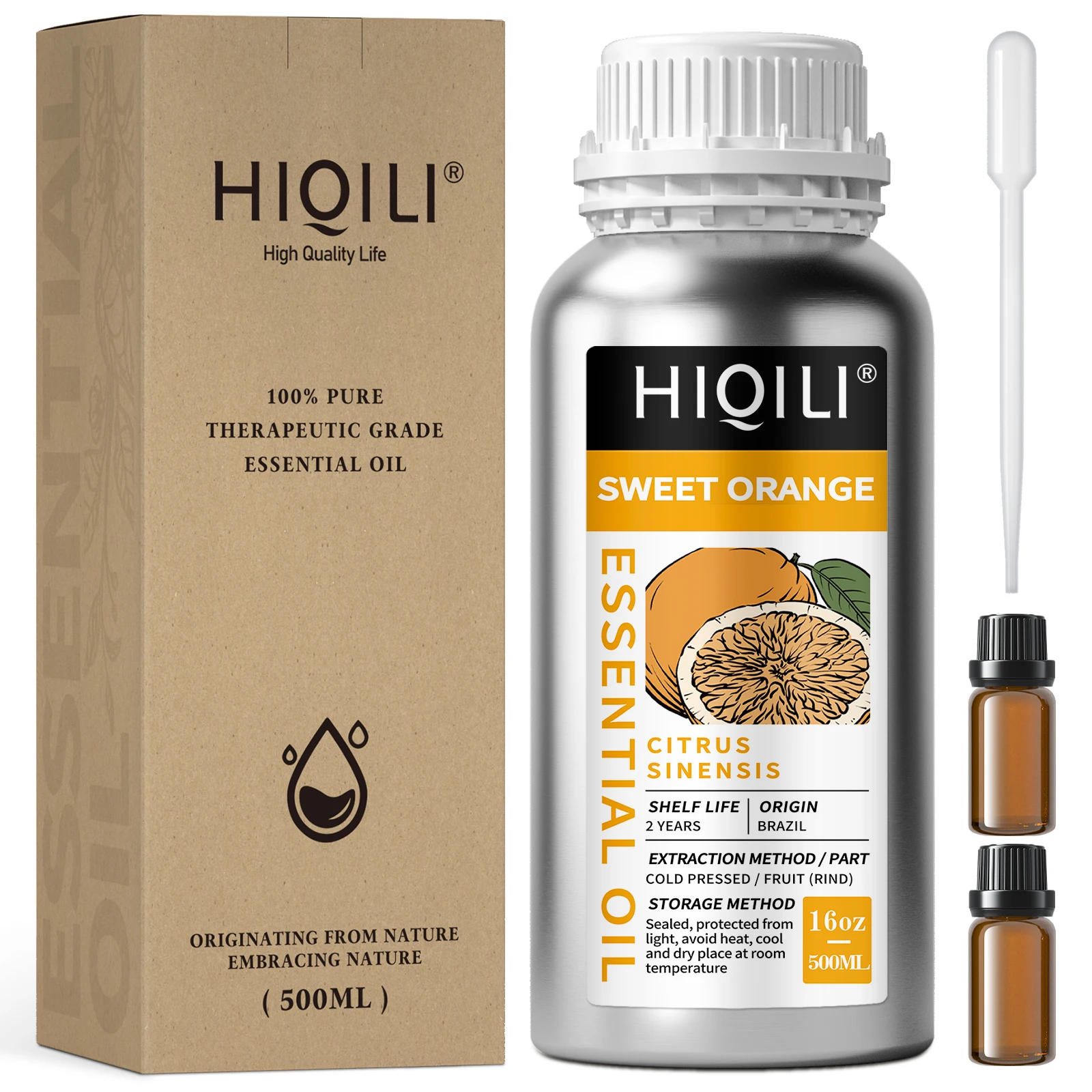 HIQILI 500ML Sweet Orange Essential Oils,100% Pure Nature for Aromatherapy | Used for Diffuser，Humidifier，Massage | Fresh air