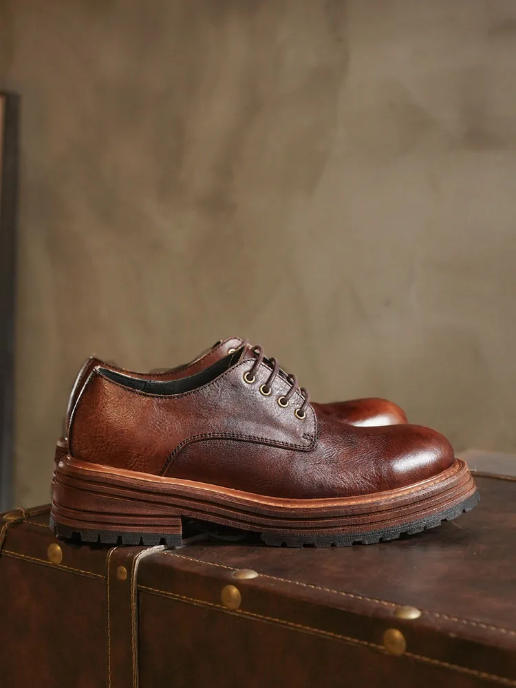 High End Retro Men's Leather Shoes with Big Head Handmade Genuine Leather Men's Shoes Casual Thick Soled Derby Shoes
