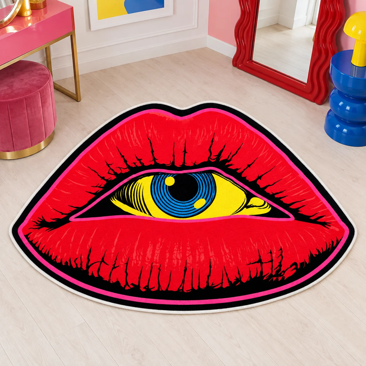 Red Lips and Eye Shaped Area Rug, Bold Pop Art Floor Mat for Bedroom Dressing Room Studio, Colorful Modern Home Decor Gift