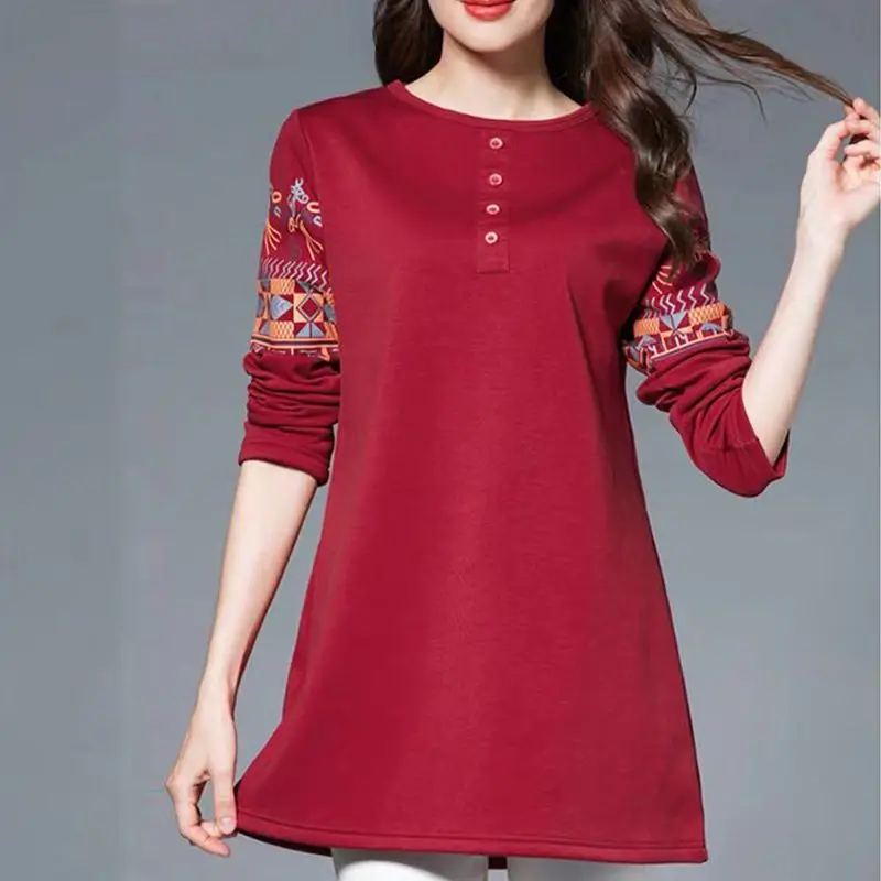 Women\'s Clothing Korean Fashion Vintage Ethnic Style Print Elegant T-shirts Casual Round Neck Long Sleeve Loose Basic Tunic Tops