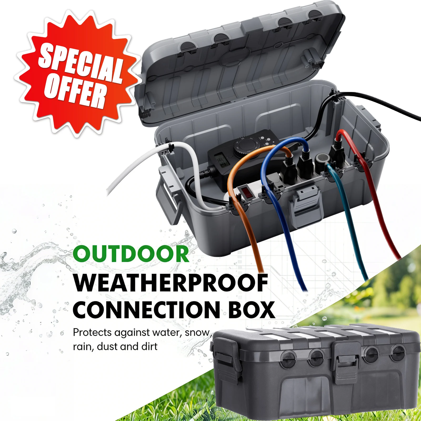 Outdoor Weatherproof Connection Box Extension Cord Cover for Garden Timer Electrical Power Strip Cord Plug Protection