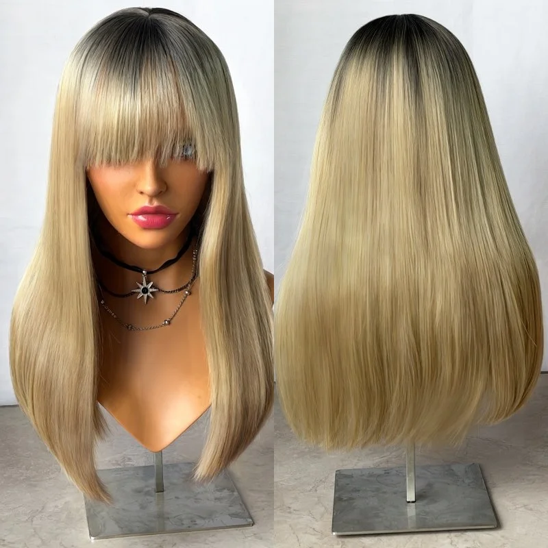 

Легко носить Ombre Коричневый Блондинка Парик Балаяж Челка Синтетический Парик Фронта Шнурка Натуральный Предварительно Сорванные Волосы Мягкий Прямой Парик Партии