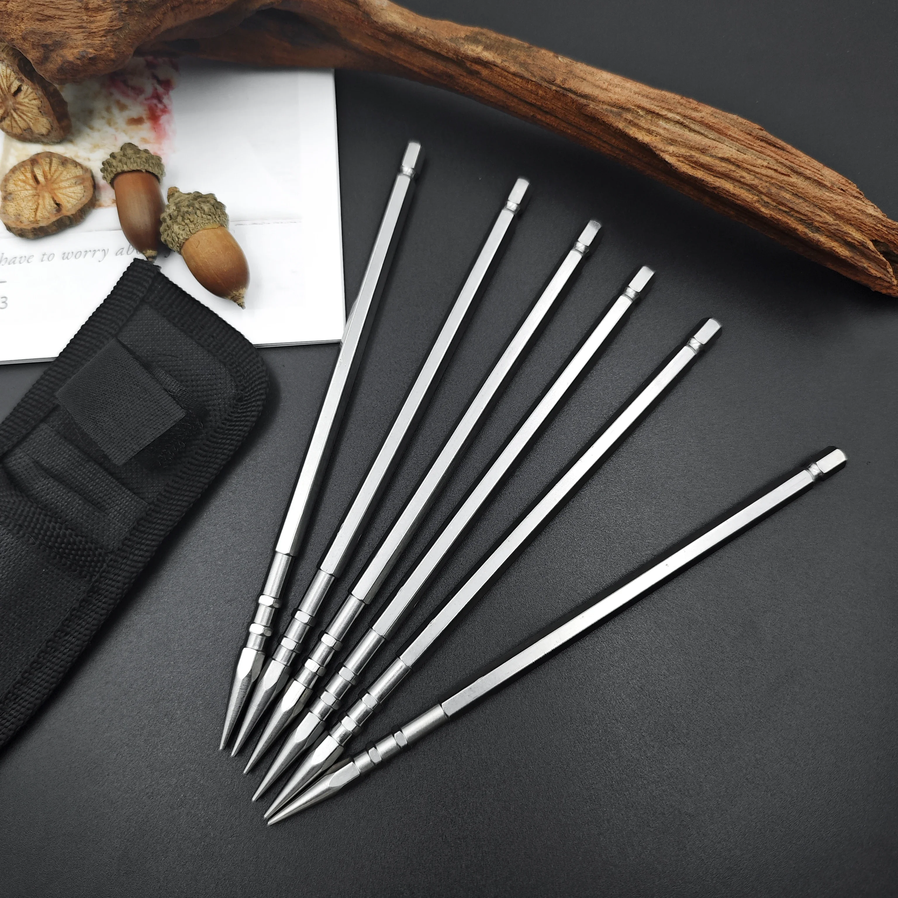 Stainless Steel High Hardness Tea Needle 6pcs a Set with Nylon Storage Bag EDC Outdoor Self Defense Training Needle