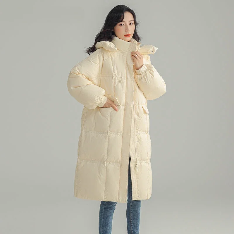 2023 New Winter Women White Duck Down Coat Casual Light Long Puffer Jacket Female Single Breasted Zipper Warm Parkers