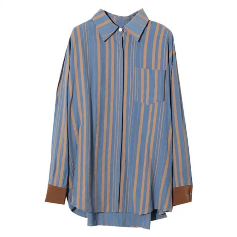 Loose Striped Blouse Cotton Shirt Women Shirts POLO Collar Cardigan Pocket Shirt Outer Tops Spring Autumn Woman Clothes Blous