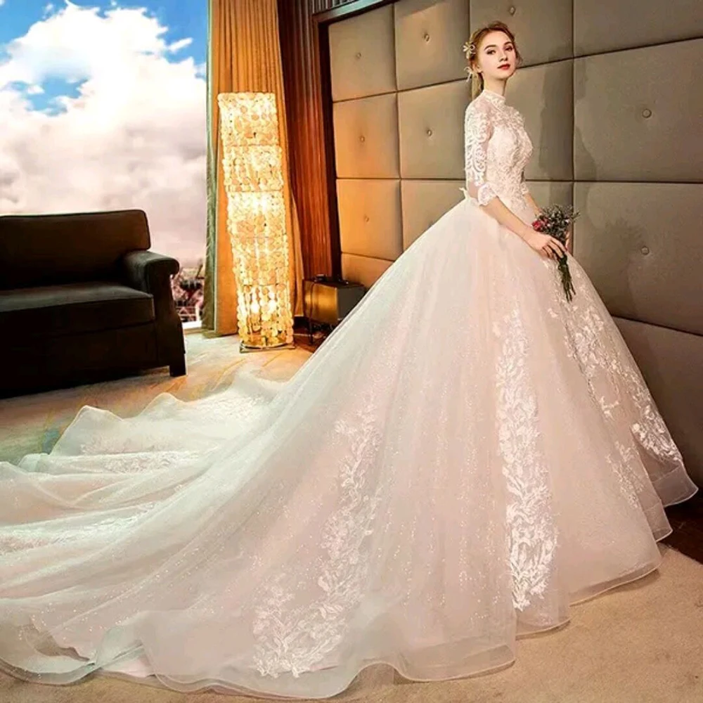 

Kadisua White Exquisite Wedding Dress Appliques Long Sleeve High-Neck Watteua Train Pleated Formal Occasion Pretty Women Vestido