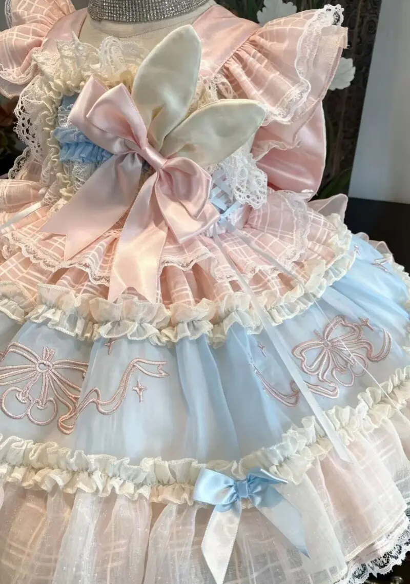 Mädchen Rosa Blaues Hasen-Lolita-Kleid, Kinder-Prinzessinnen-Tutu-Kleid mit Stickerei, Spitze, Rüschen und Schleife, Kuchenkleid für Geburtstagsfeiern, Cosplay-Kostüm – Detail 6