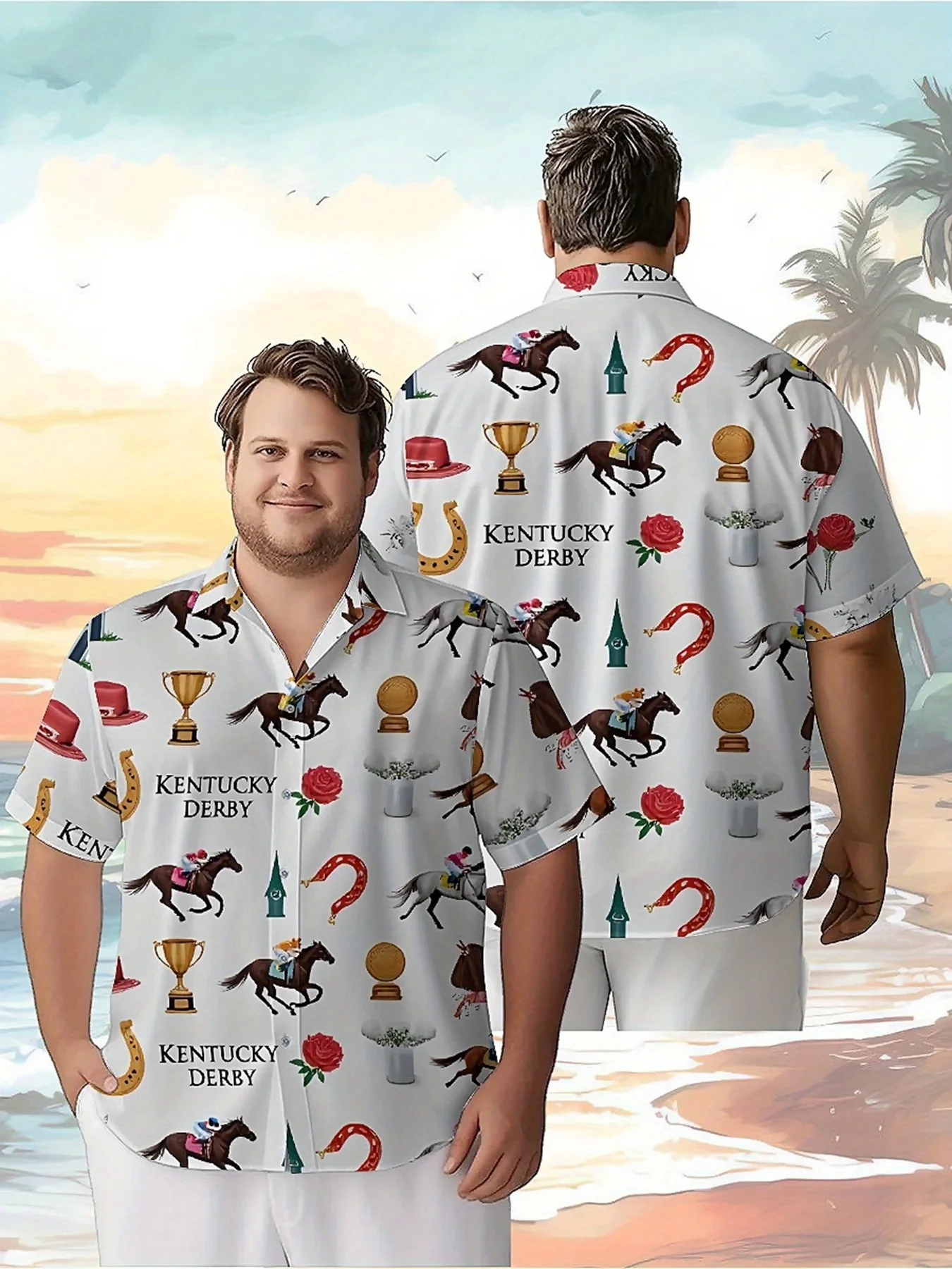 

Men's Plus Size Hawaiian Shirts Horse Racing and Roses Pattern, Summer Casual Tops, Suitable for Outdoor and Party, Streetwear