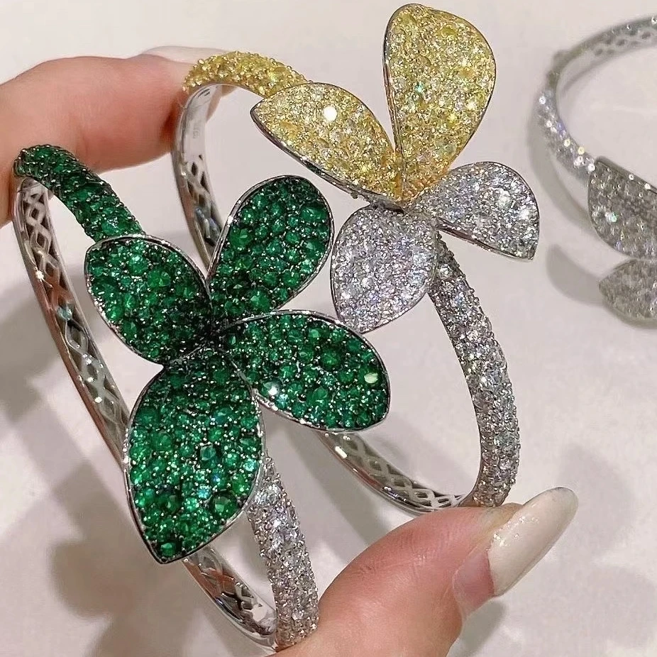 

KQDANCE Heavy Craft New Large 925 Silver Full 7A Zircon Paved Green Yellow White Four Leaf Flower Bangle Bracelet Luxury Jewelry