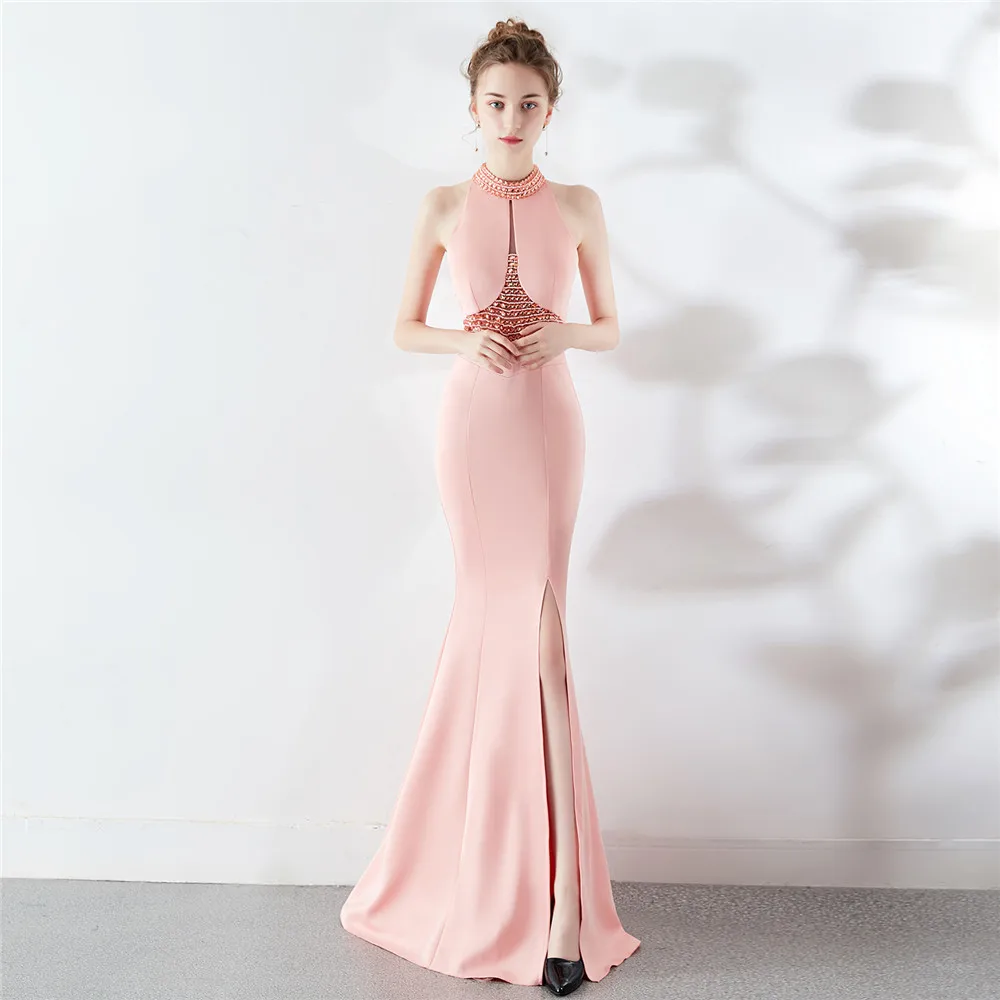 Customized Women's Gowns Evening Dress Sleeveless Halter Neck Beaded Front Waist Side Slit Wedding Dress Elegant Prom Dress