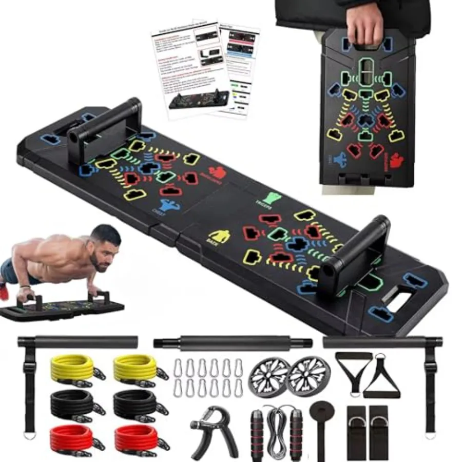 

Портативная доска для отжиманий Push Up Board, набор для домашнего спортзала из 20 предметов, включающий тренировочную доску, эспандеры и ролик для пресса, для комплексных тренировок всего тела, черная, с эспандерами Resista.