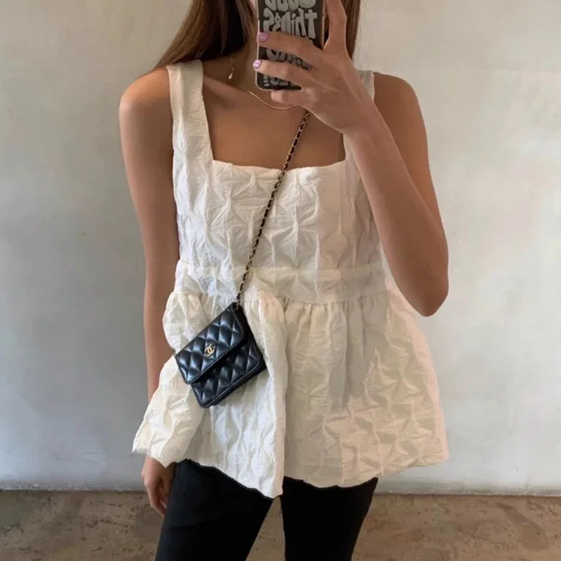 Casual Loose Women's Short Sleeveless Strap Shirt Summer Sweet Simple Pure Color Pleated Feel Top Comfortable Breathable S22