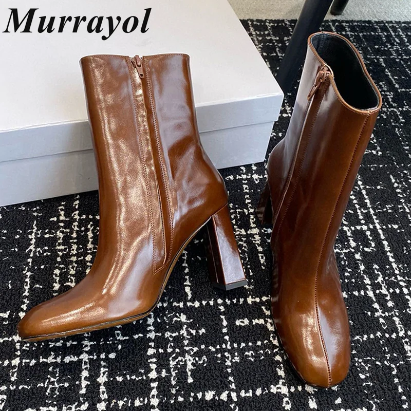 Genuine Leather High-Heeled Short Boots Women Round Toe Retro Style Chelsea Boots Spring Autumn Side Zipper Design Ankle Botas