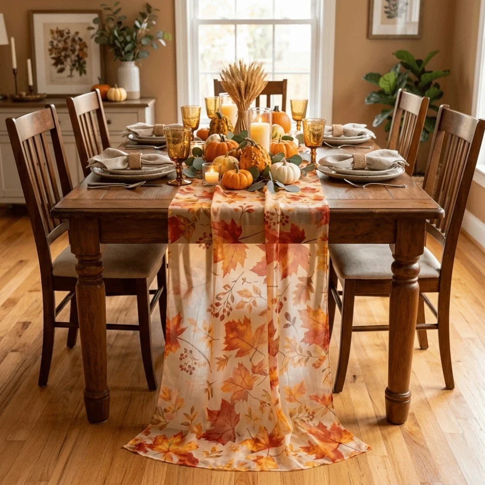 Chair Decoration Tulle Maple Leaf Table Runner Sheer Farmhouse Thanksgiving Tablecloth Decorative Rustic Fall Table Decor Party