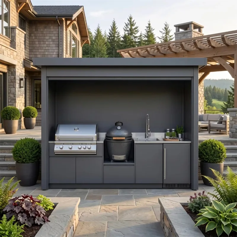 stainless steel outdoor kitchen shed, insect proof, with sink accessories, rolling shutter door, outdoor kitchen barbecue grill
