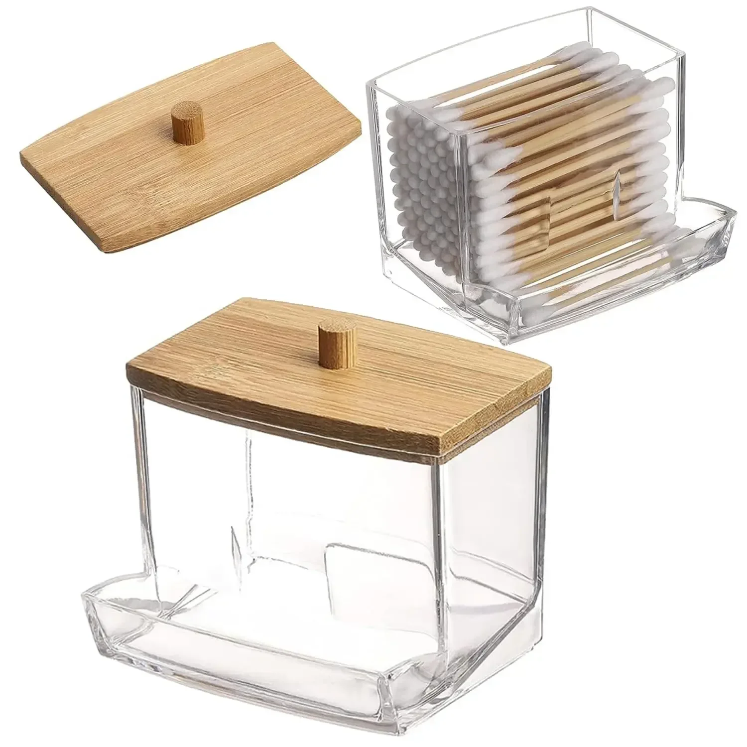 

1Pcs Cotton Swab Holder, Cotton Swab Dispenser with Bamboo Lids,Bamboo Bathroom Storage Jars Storage Containers Clear Plastic