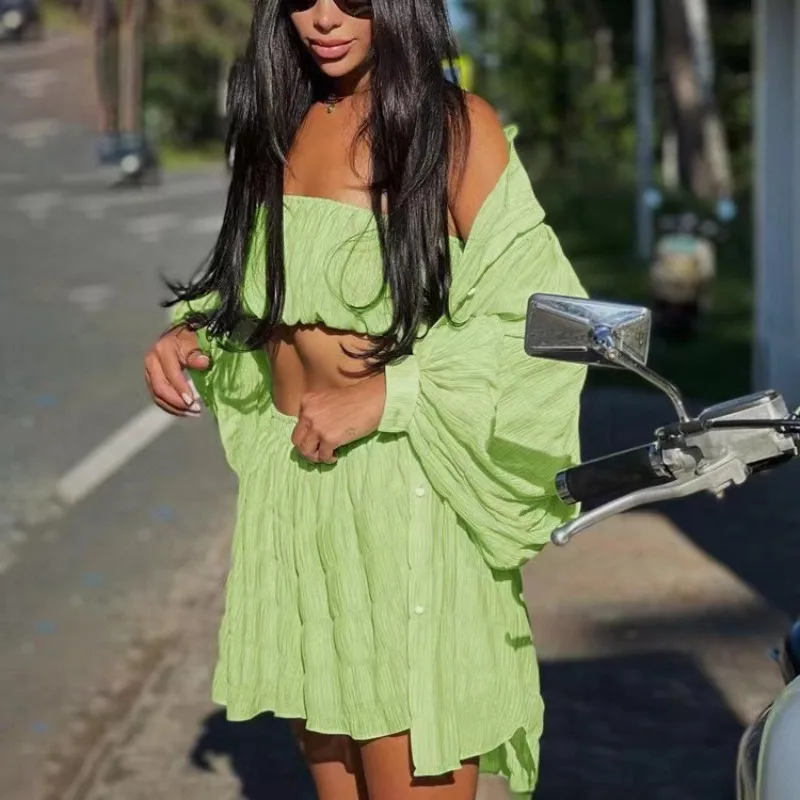 2024 Zomer Casual Losse Groene 3-delige Sets Damesoutfit Mode Lange Mouwen Top + Tube Bijpassende Hoge Taille Shorts Set Nieuw