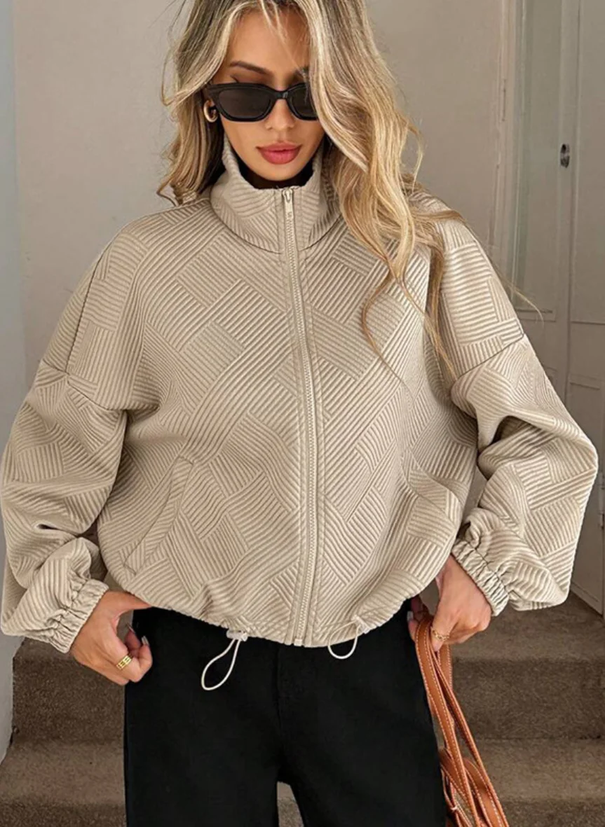 Women Geometric Jacquard Zip Up Cropped Jacket 2026 Autumn New Stand Collar Loose Drawstring Hem Casual Outerwear