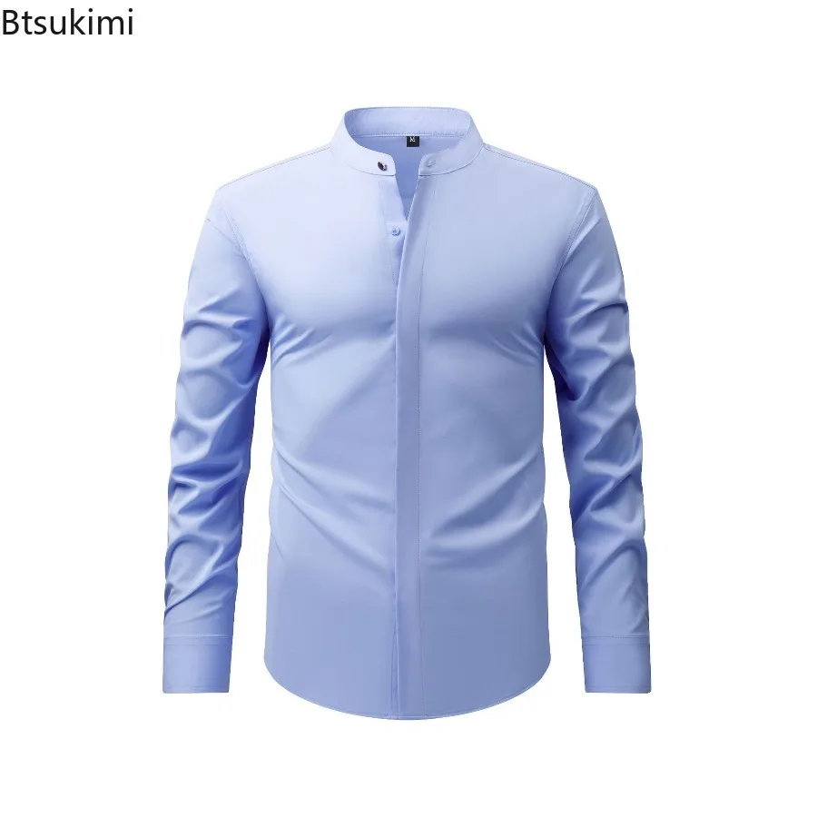 

Мужская облегающая рубашка в стиле ретро с длинными рукавами и воротником-стойкой, деловая повседневная эластичная цветная дышащая рубашка, весенне-осенняя одежда