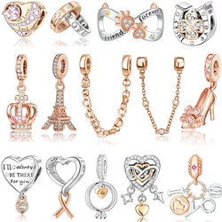 Sparkling Rose Gold Pavé Triple-row Beads Pink Gem Entwined Hearts Charm Fits Brand Bracelet For 925 Sterling Silver Necklace