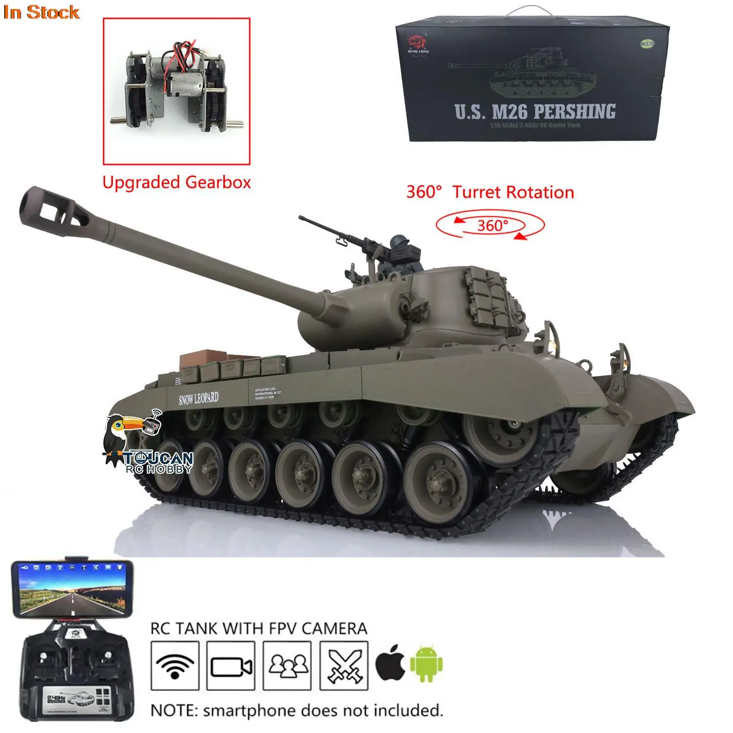

HENG LONG FPV Camera 1/16 7.0 Plastic M26 RC Tank 3838 360° Turret Steel Gearbox Painted in Green BB Shooting Speaker TH17303